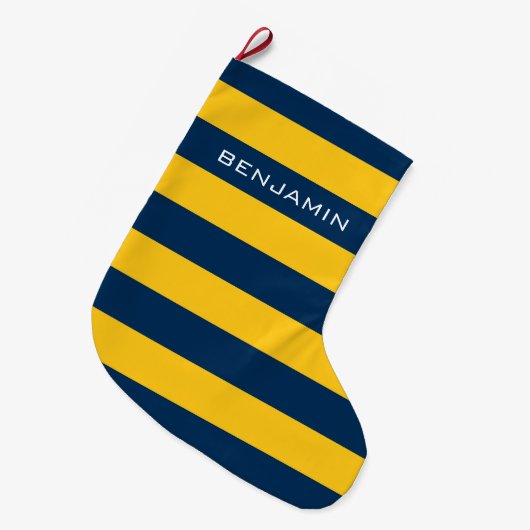 Navy Blue en Yellow Rugby Stripes - Aangepaste naa Grote Kerstsok (Voorkant (Hangend))