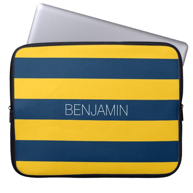 Navy Blue en Yellow Rugby Stripes - Aangepaste naa Laptop Sleeve (Voorkant)