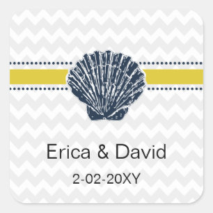 Navy Blue en Yellow Seashell Wedding Stationery Vierkante Sticker
