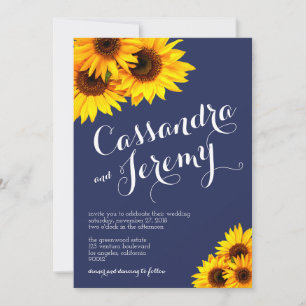 Navy Blue en Yellow Sunflower Wedding Invitation Kaart