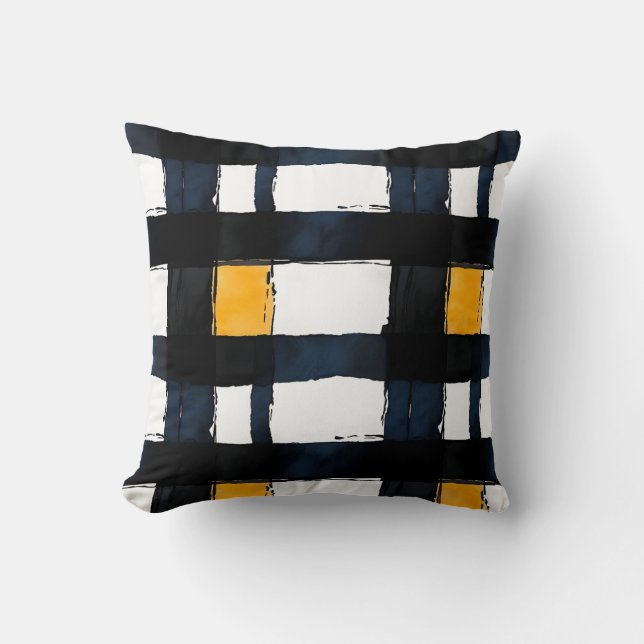 Navy Blue en Yellow Waterverf Plaid Sierkussen (Voorkant)