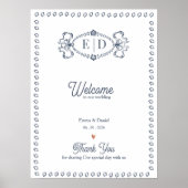 Navy Blue Erfstuk Crest Monogram Huwelijks Welkom Poster (Voorkant)