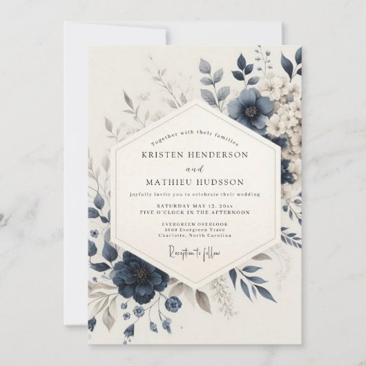 Navy Blue Ethereal Bloom Wedding Kaart (Voorkant)