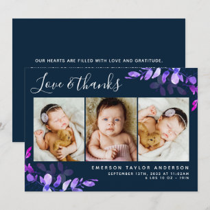 Navy Blue Eucalyptus 3 Foto Baby Birth Stats Bedankkaart