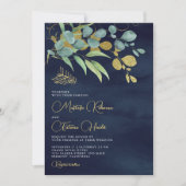 Navy Blue Eucalyptus Gold Branch Islamic Wedding Kaart (Voorkant)