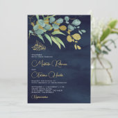 Navy Blue Eucalyptus Gold Branch Islamic Wedding Kaart (Staand voorkant)