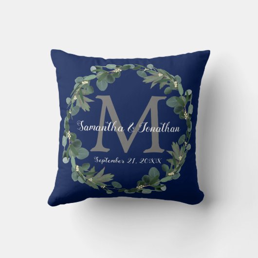 Navy Blue Eucalyptus Monogram Weddenschap Kussen (Achterkant)