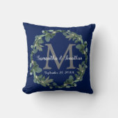 Navy Blue Eucalyptus Monogram Weddenschap Kussen (Voorkant)