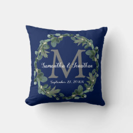 Navy Blue Eucalyptus Monogram Weddenschap Kussen