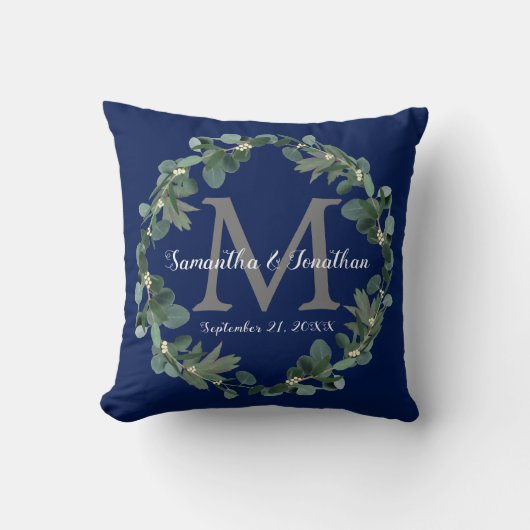 Navy Blue Eucalyptus Monogram Weddenschap Kussen (Voorkant)