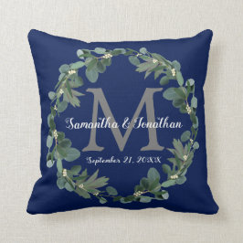 Navy Blue Eucalyptus Monogram Weddenschap Kussen