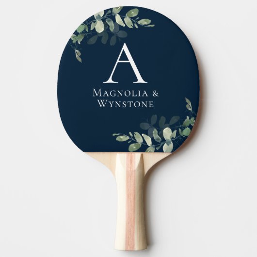 Navy Blue Eucalyptus Monogram Weddenschap Tafeltennisbatje (Voorkant)