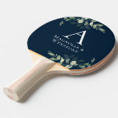Navy Blue Eucalyptus Monogram Weddenschap Tafeltennisbatje (Voorkant Gekanteld)