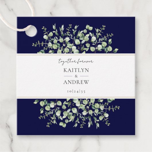 Navy Blue Eucalyptus Samen Voor Altijd Trouw Bedankjes Labels (Voorkant)