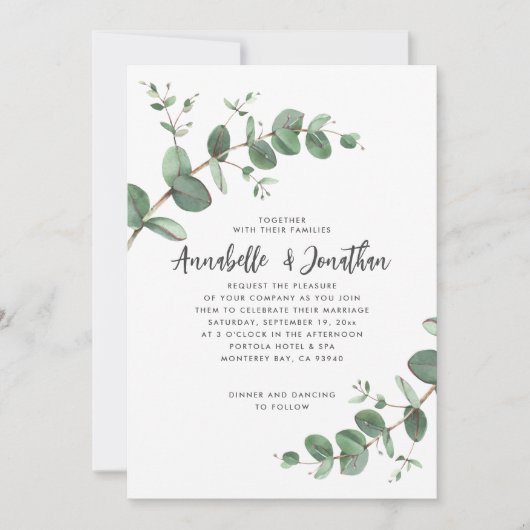 Navy Blue Eucalyptus script Modern Invitation Kaart (Voorkant)