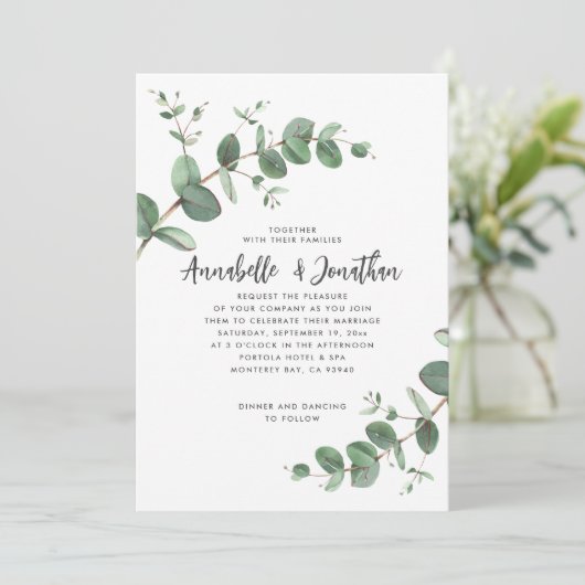Navy Blue Eucalyptus script Modern Invitation Kaart (Staand voorkant)