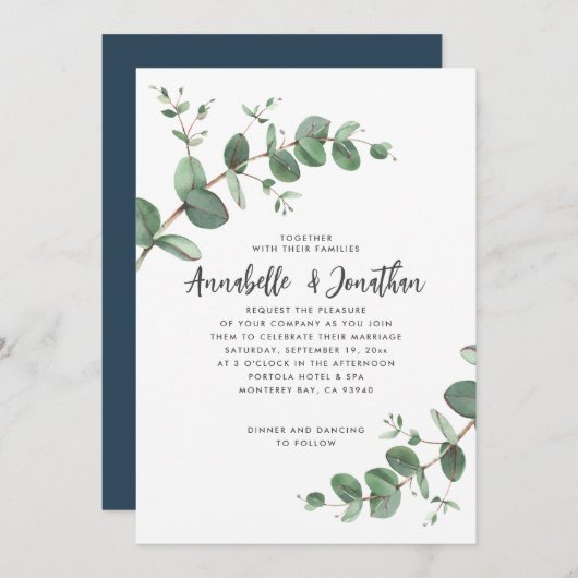 Navy Blue Eucalyptus script Modern Invitation Kaart (Voorkant / Achterkant)