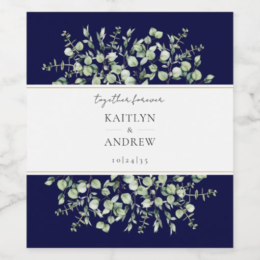 Navy Blue Eucalyptus Together Forever Wedding Wijn Etiket (Enkel label)