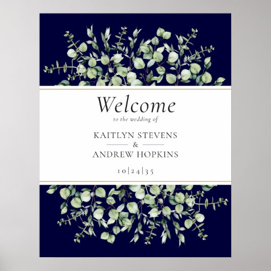Navy Blue Eucalyptus Trouw Welkom  Poster (Voorkant)