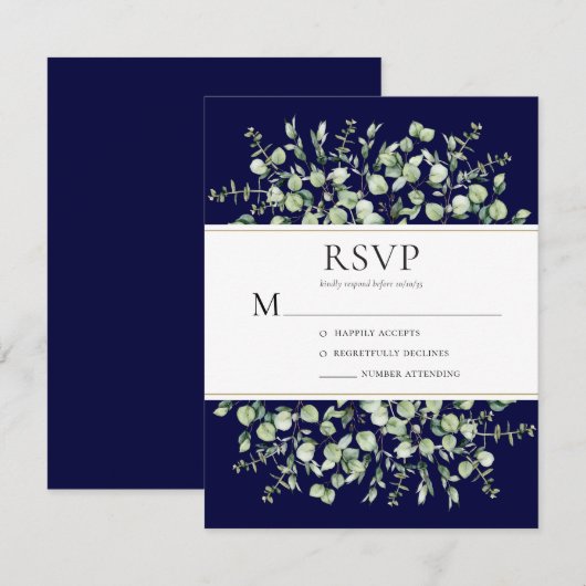 Navy Blue Eucalyptus Weddenschap RSVP Kaartje (Voorkant / Achterkant)