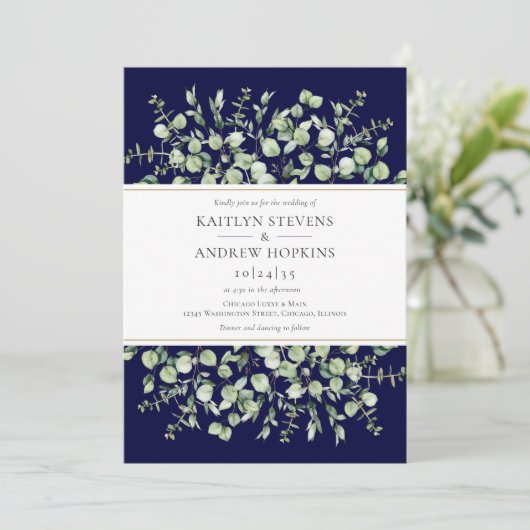 Navy Blue Eucalyptus  Wedding Kaart (Staand voorkant)