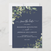 Navy Blue Eucalyptus Wedding Photo Save the Date (Voorkant)