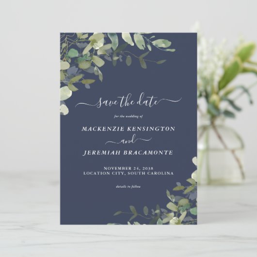 Navy Blue Eucalyptus Wedding Photo Save the Date (Staand voorkant)