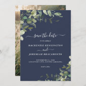 Navy Blue Eucalyptus Wedding Photo Save the Date (Voorkant / Achterkant)