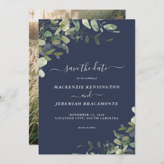 Navy Blue Eucalyptus Wedding Photo Save the Date (Voorkant / Achterkant)