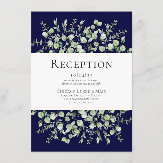 Navy Blue Eucalyptus Wedding Reception Informatiekaartje (Voorkant)