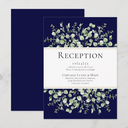 Navy Blue Eucalyptus Wedding Reception Informatiekaartje (Voorkant / Achterkant)