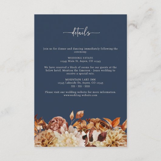 Navy Blue Fall Wedding Informatiekaartje (Voorkant)