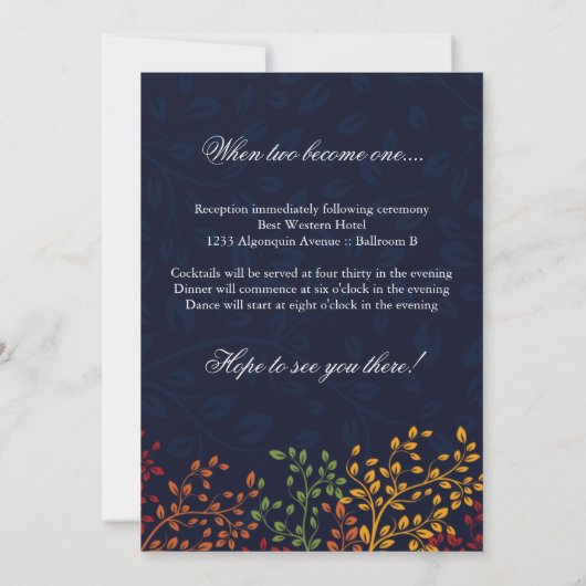 Navy Blue Fall Wedding Kaart (Achterkant)