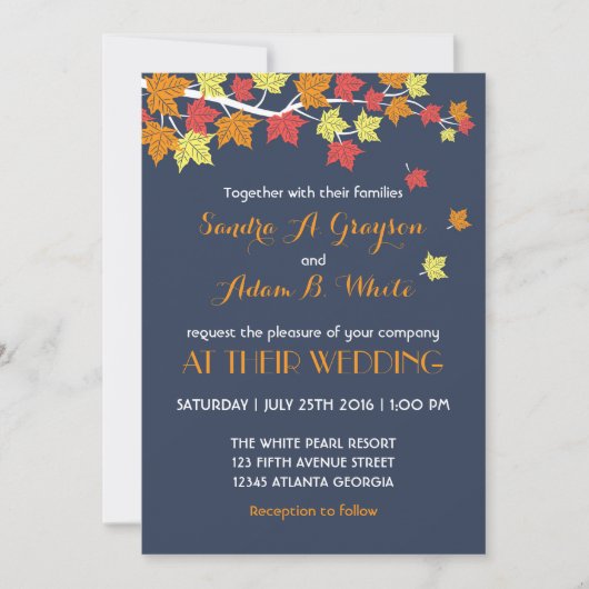 Navy Blue Falling Maple Leaves Wedding Invitation Kaart (Voorkant)