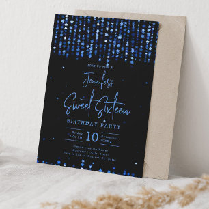 Navy Blue Falling Stars Sweet 16 Verjaardagsfeest Kaart