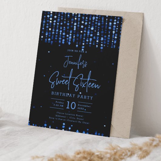 Navy Blue Falling Stars Sweet 16 Verjaardagsfeest Kaart