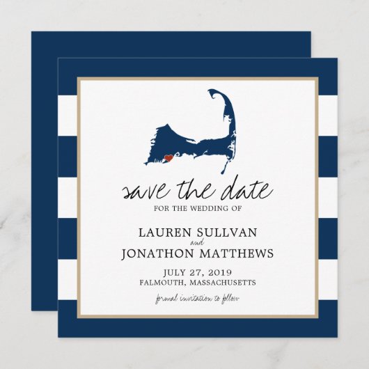 Navy Blue Falmouth Cape Cod Map opslaan op datum Save The Date (Voorkant / Achterkant)