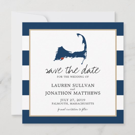 Navy Blue Falmouth Cape Cod Map opslaan op datum Save The Date (Voorkant)