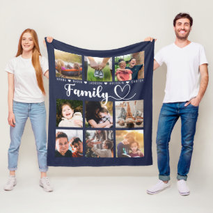 Navy Blue Family Memories Nine Photo Collage Fleece Deken