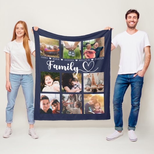 Navy Blue Family Memories Nine Photo Collage Fleece Deken (In situ)