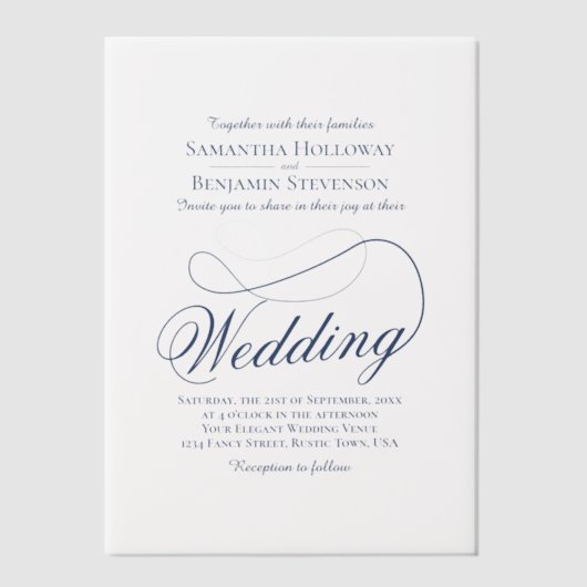 Navy Blue Fancy Script Elegante bruiloft Vellum Uitnodigingen (Voorkant)