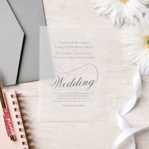 Navy Blue Fancy Script Elegante bruiloft Vellum Uitnodigingen