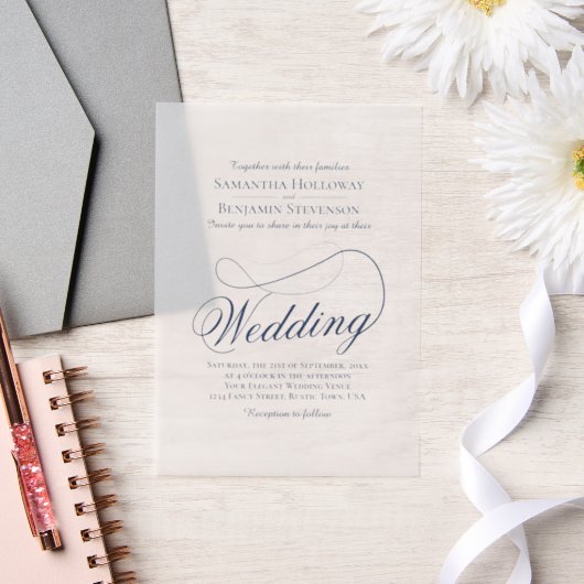 Navy Blue Fancy Script Elegante bruiloft Vellum Uitnodigingen (Huwelijk)