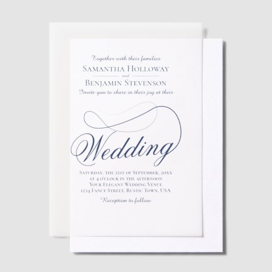 Navy Blue Fancy Script Elegante bruiloft Vellum Uitnodigingen (Offset)