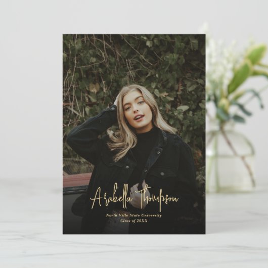 Navy Blue Fancy Script Photo Collage Afstuderen Aankondiging (Staand voorkant)