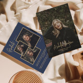 Navy Blue Fancy Script Photo Collage Afstuderen Aankondiging