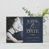 Navy Blue Fancy Trendy Wedding Photo Faux Gold Save The Date (Staand voorkant)
