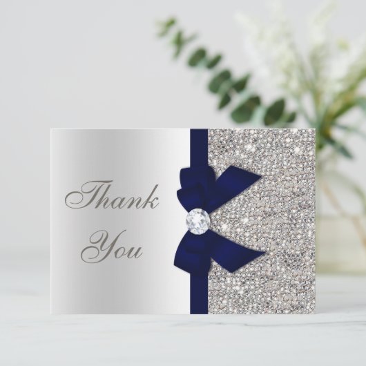 Navy Blue Faux Bow Silver Sequins Bedankt (Staand voorkant)
