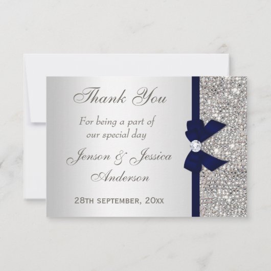Navy Blue Faux Bow Silver Sequins Bedankt (Achterkant)