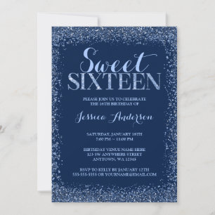 Navy Blue Faux Glitter Sweet 16 Birthday Kaart